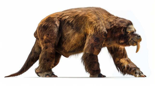The extinct Megatherium, commonly known as the giant ground sloth. This illustration captures the animal's fur texture and formidable claws, invoking a sense of the Ice Age's diverse wildlife.