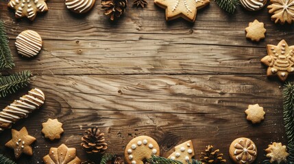 Obraz na płótnie Canvas A warm wooden tabletop comes to life with a border of freshly baked Christmas cookies and pine branches, creating a cozy, inviting holiday atmosphere with central space for seasonal displays or text.