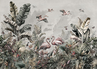 tropical banana leaf pattern wallpaper with flamingo birds With a old gray background.jpg