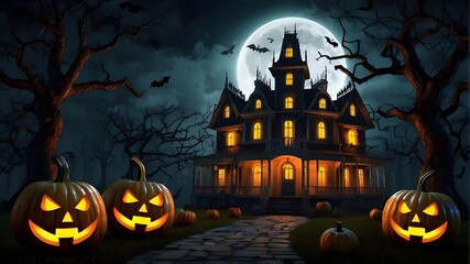 This 3D rendered Halloween background features pumpkins and a frightening mansion. Halloween background with the Evil Pumpkin. eerie, terrifying, nighttime forest. Halloween banner background for a ho