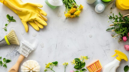 Fototapeta na wymiar A flat lay of eco-friendly cleaning supplies bordered by fresh greenery, symbolizing a natural and refreshing approach to spring cleaning rituals.