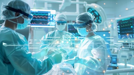 Surgeons in a high-tech operating room using advanced AI and virtual reality interfaces for a precision-led surgery, with digital data overlays and monitoring screens.