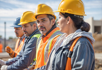 Multi-Ethnic Trio in Hard Hats at Construction Site