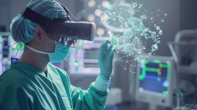 Surgeons in a high-tech operating room using advanced AI and virtual reality interfaces for a precision-led surgery, with digital data overlays and monitoring screens.