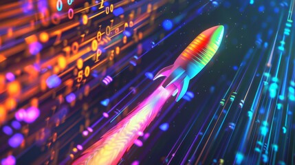 Speed of Innovation. A rocket blazes through vibrant data streams, encapsulating the rapid pace of digital transformation and the agility of businesses in the data-driven world.