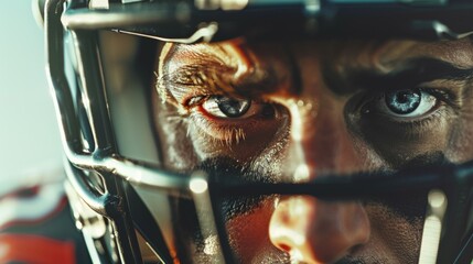 With a steely gaze beneath the helmet, this image captures the quarterback's intense concentration and resolve, embodying the decisive moments that define the spirit of competitive sports. - obrazy, fototapety, plakaty