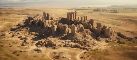 An ancient fortress standing alone in the arid desert, surrounded by endless sand dunes and connected by a winding sandy path