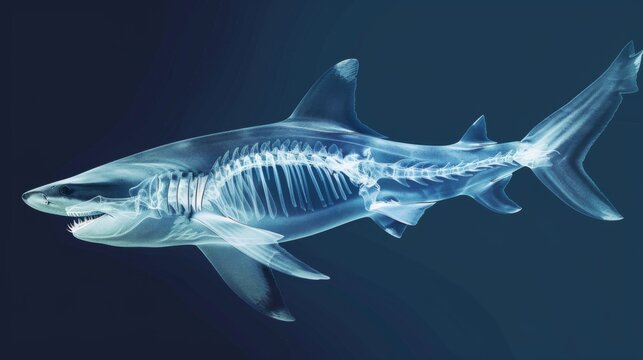 The image showcases an x-ray of a shark, detailing its cartilaginous skeleton unique to these apex predators, against a dark background, exuding an aura of marine dominance and scientific intrigue.