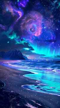 A vibrant fantasy comes to shore with a dazzling beach, where the tides reflect a cosmic sky, merging reality with imagination in a brilliant display of colors.