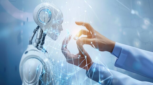 artificial intelligence robot,Machine learning, Hands of robot and human touching on big data network connection background, Science and artificial intelligence technology, innovation and futuristic, 