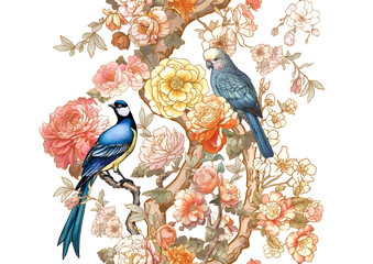 Blossom trees with sparrow and parrots Seamless pattern, background. Vector illustration. In Chinoiserie, botanical style - obrazy, fototapety, plakaty