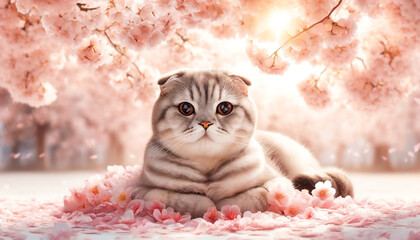満開の桜の花の穏やかな美しさを楽しんでいる猫のスコティッシュフォールド。A relaxed cat given spotted sunlight under the pink canopy of the petal and the cat which is in full blossom, and enjoys the calm beauty of cherry blossoms.
