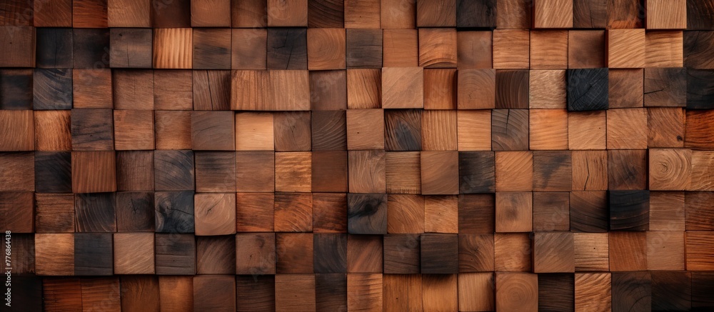 Poster a close up of a wooden wall featuring a variety of different wood blocks arranged in a random patter