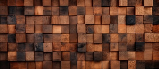 A close up of a wooden wall featuring a variety of different wood blocks arranged in a random pattern