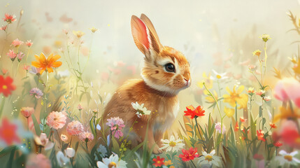 Fototapeta premium Watercolor illustration of adorable bunny strolling in floral garden