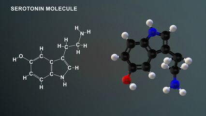 Serotonin molecule structure 3d illustration