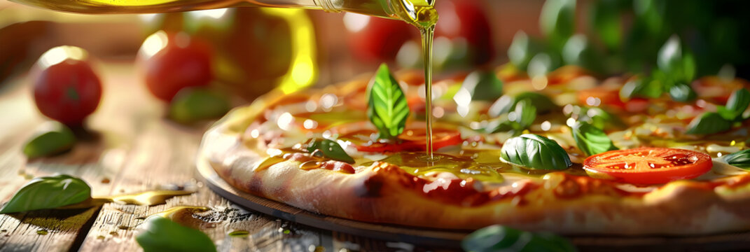 Closeup photo of Italian pizza toppings on wooden plate, A slice of pizza with green vegetables. 
