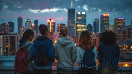 A diverse group of students stand on a rooftop backs to the camera as they gaze out at the ling lights of a cityscape. . . - obrazy, fototapety, plakaty