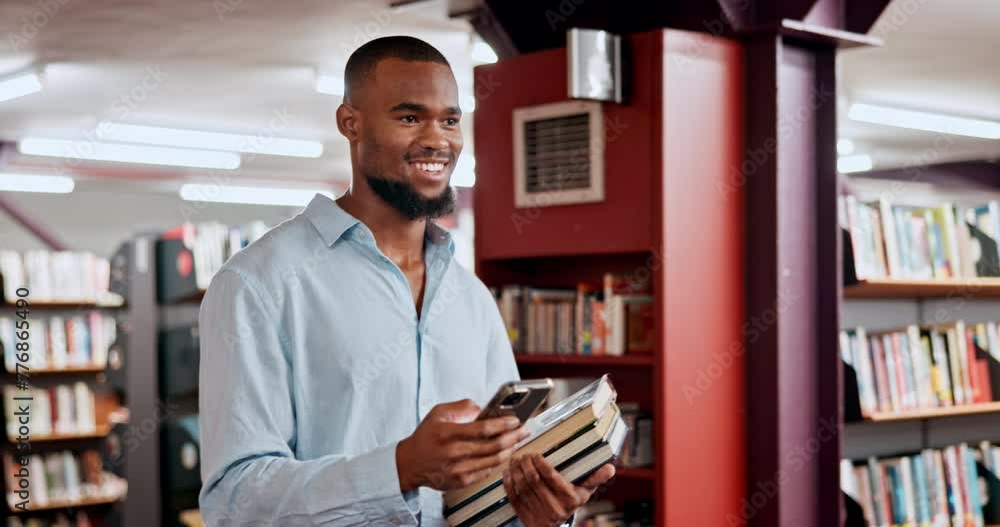 Poster walking, education or black man in a library with phone for knowledge or development for learning. s