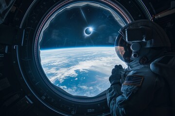 Solar eclipse seen from a space station window, with astronaut looking at it. Solar Eclipse 2024, April 8