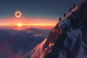 Solar eclipse in the mountains, group of climbers are watching it from a high peak. Solar Eclipse 2024, April 8