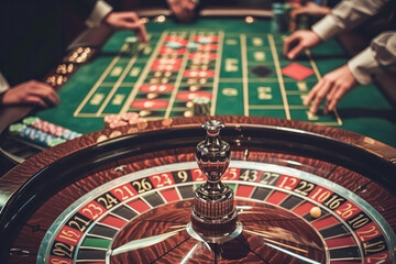  Roulette table in a casino with players placing bets.