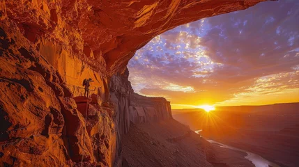 Tuinposter Sunset over canyon with river, creating a stunning natural landscape © AlexanderD