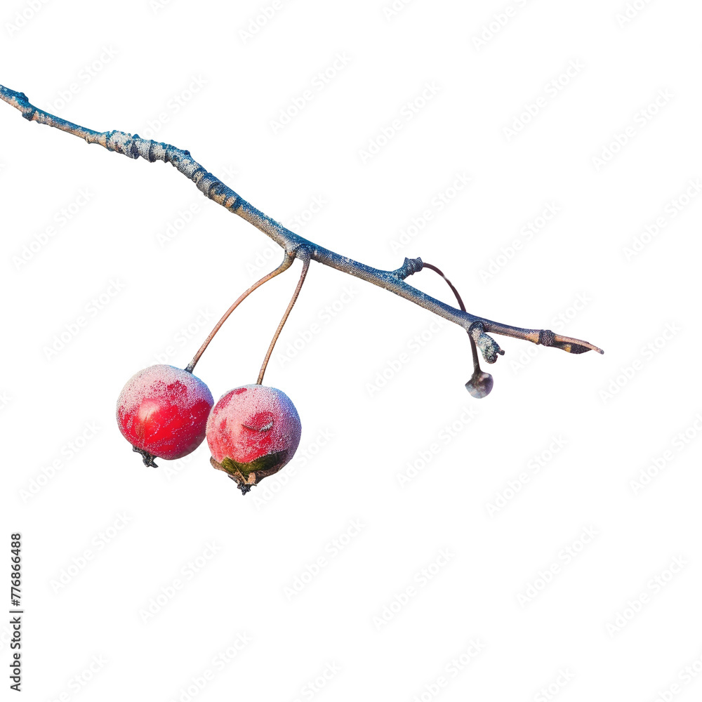 Wall mural Two red berries on a branch against a Transparent Background