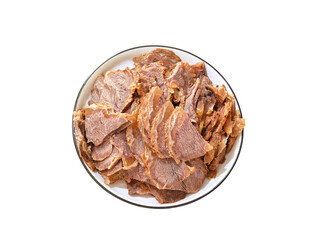 A plate of gourmet beef on a white background