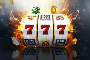 Slot machine hitting the jackpot with triple sevens and fiery effects.
