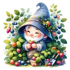 Fototapeta na wymiar Gardening gnome with plants and tools. Charming character design for gardening themes, educational books, and eco-friendly concepts