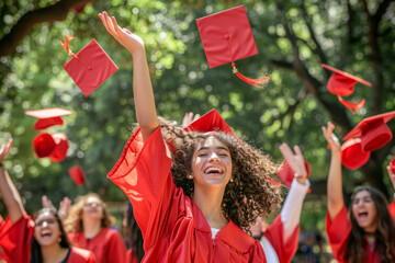 High school graduates joyously tossing their caps in the air in a sunny park - obrazy, fototapety, plakaty