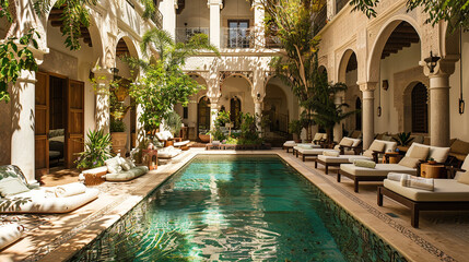 A serene courtyard oasis with a mosaic-tiled swimming pool, shaded cabanas, and fragrant jasmine...