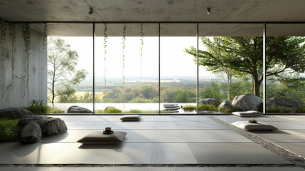 A serene meditation room with a Zen garden, minimalist decor, and floor-to-ceiling windows offering...