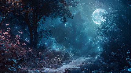 A scene of a glowing forest path, leading to a clearing bathed in moonlight. - obrazy, fototapety, plakaty