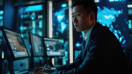 An Asian cybersecurity specialist conducting threat hunting exercises to proactively identify and neutralize cyber threats before they can cause harm to organizational assets. - obrazy, fototapety, plakaty
