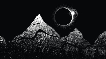 Solar eclipse .Star and moon in space. Futuristic landscape, with noise texture . Night landscape .Vector illustration - obrazy, fototapety, plakaty