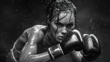 A woman boxer is in the middle of a fight, with her hands in her gloves - Powered by Adobe
