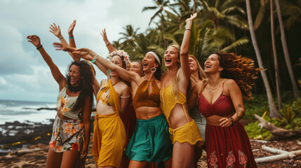 Fototapeta na wymiar A group of women are standing on a beach, smiling and laughing Celebrating Women's Innovation