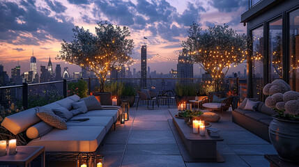 A serene rooftop terrace with panoramic views of the city skyline, furnished with cozy seating...
