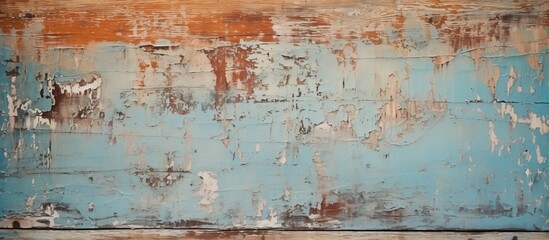 Fototapeta na wymiar Close-up of a weathered wall painted in shades of blue and brown with peeling paint flakes revealing the underlying surface