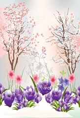 composition with crocuses and flowering trees as harbingers of spring