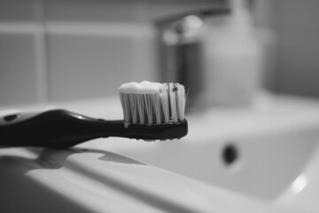 Monochrome Freshness: Toothbrush with Paste Ready for Use.