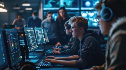 Young gamers at an esports competition focused intently on their computer screens. - obrazy, fototapety, plakaty