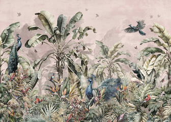 tropical banana leaf pattern wallpaper with peacock birds With a old pink background.