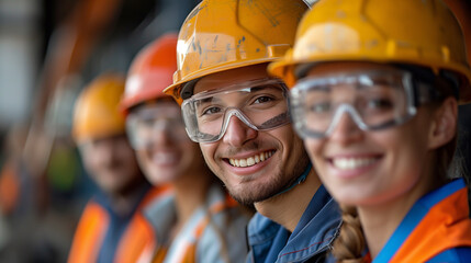 A cheerful group of male and female engineers in safety uniforms and helmets pose confidently at an industrial worksite.