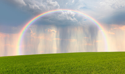 Obraz premium Rainy weather with green grass field and deep blue sky amazing rainbow in the background