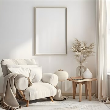 Frame mockup. Living room wall poster mockup. Interior mockup with house background. Modern interior design. 3D render	