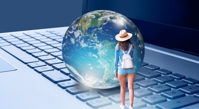 A young girl with a hat wearing mini shorts walking on the laptop keyboard looks at places to visit in the world  "Elements of this image furnished by NASA"