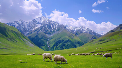 At the base of the mountain, a lush green meadow provides grazing grounds for sheep - obrazy, fototapety, plakaty